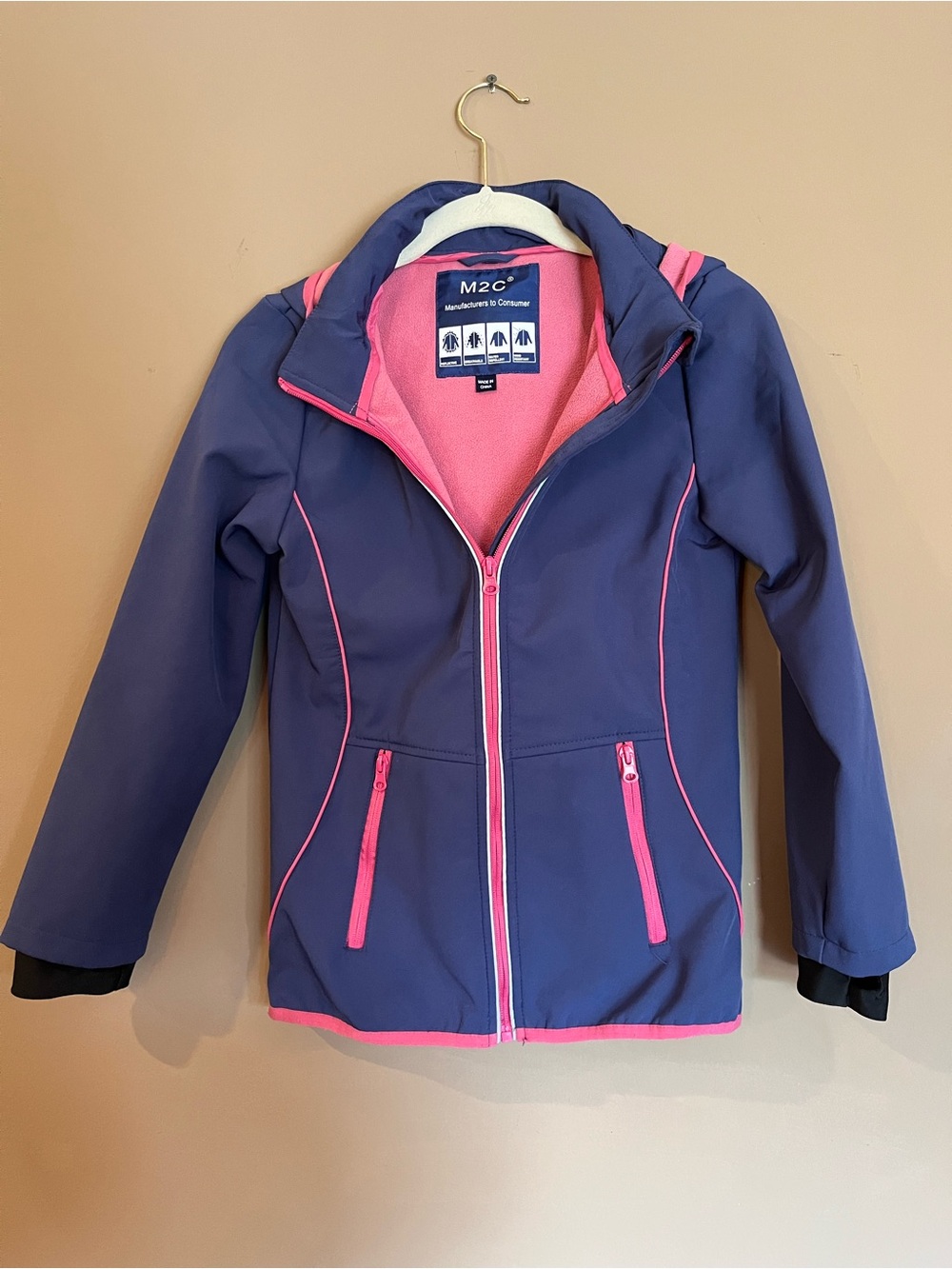 M2C Girls Size 140 Purple and Pink Fleece Lined Softshell Hooded Jacket